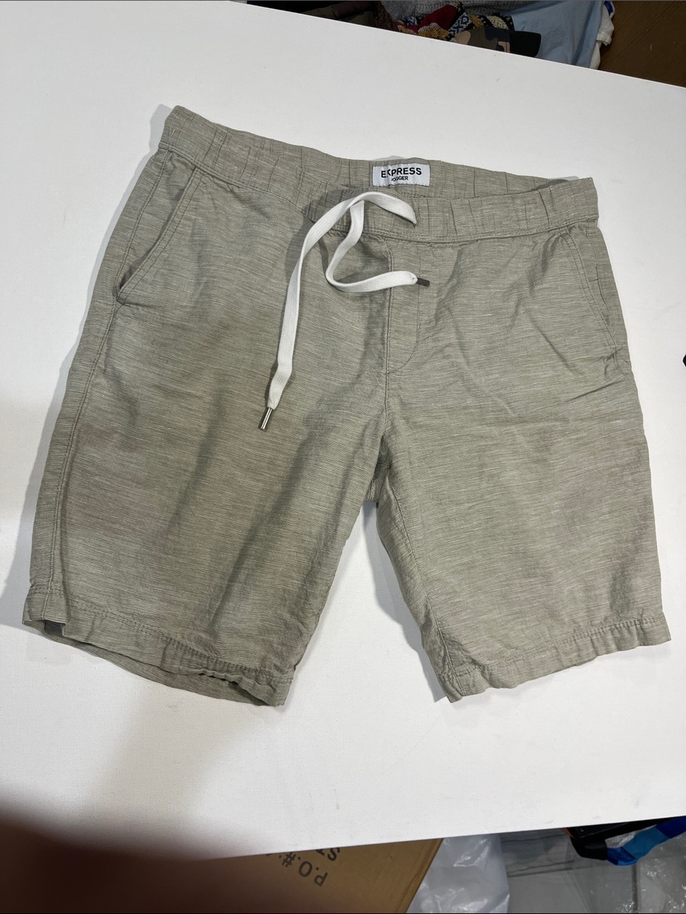 Express Men's Drawstring Shorts - Olive Green with White Tie